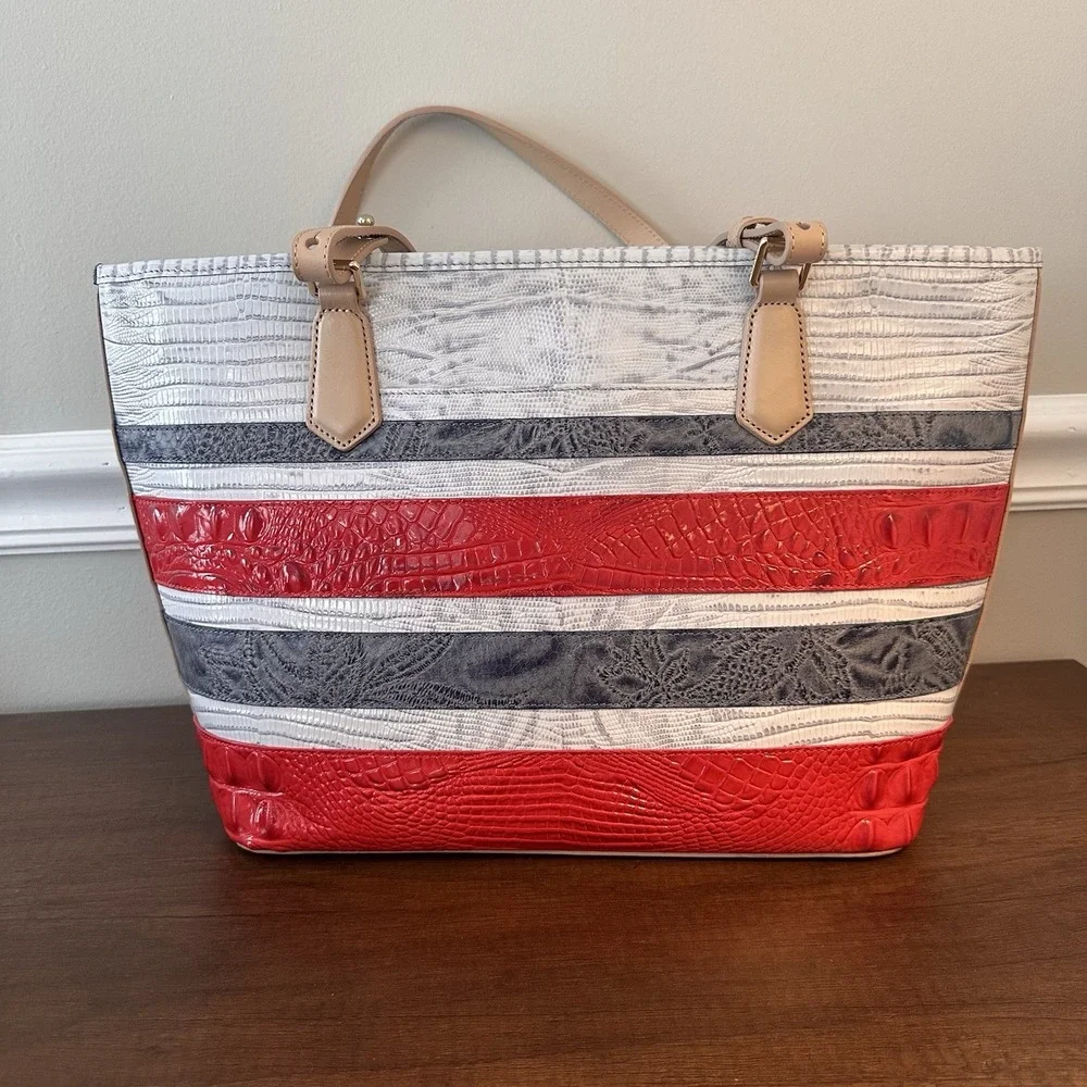 Brahmin Mini Asher Leather Satchel Shoulder Bag Gray Red Striped Preppy